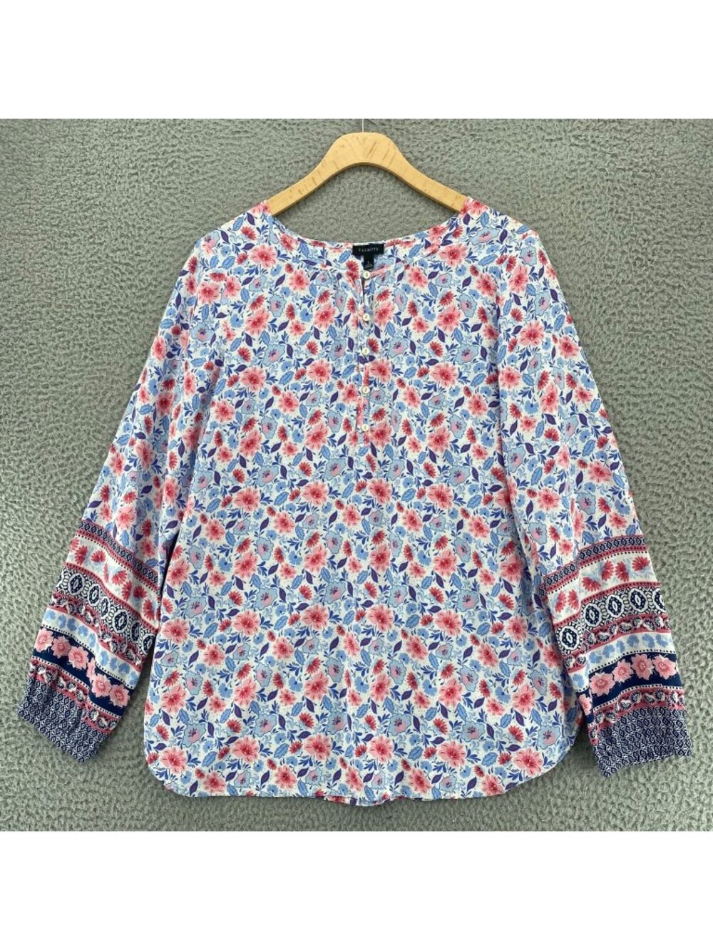 Talbots Top Womens Large Blue Multi Floral Long Sleeve 1/4 Button Popover Blouse